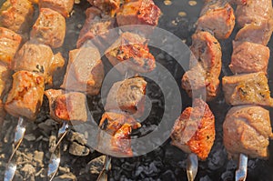 Pork meat cooked outdoor on smouldering carbons