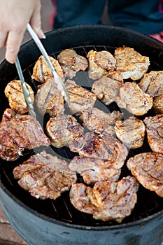 Pork meat on grill, family party, closeup