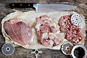 Pork meat set: whole piece, sliced meat and minced