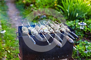 Pork meat (shashlik) on grill in a smoke