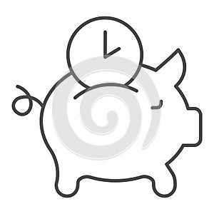 Pork piggy bank and watch thin line icon. Time is money symbol, outline style pictogram on white background. Money