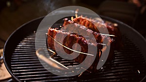 Pork ribs. Cookout, charcoal.