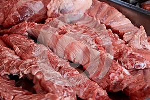 Pork ribs displayed at market