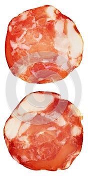 Pork Salami Slices Isolated On White Background