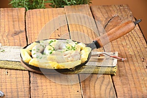 pork sausage packaged pork fried food with cheese and cassava topping healthy food