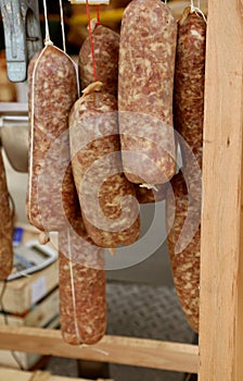 Pork sausage for sale called Cotechino in Italian language