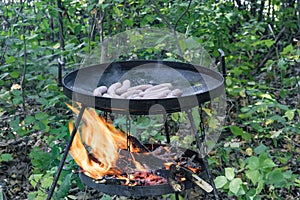 Pork sausages cooked fast on a campfire in nature