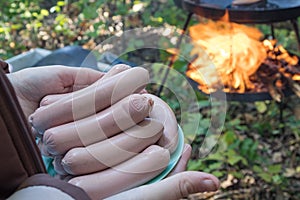 Pork sausages cooked fast on a campfire in nature