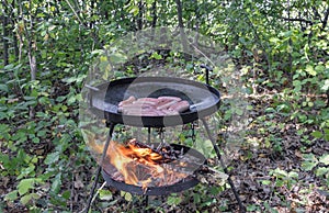 Pork sausages cooked fast on a campfire in nature