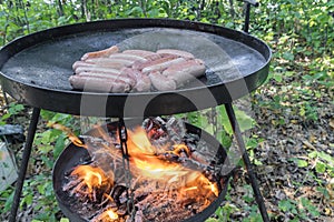 Pork sausages cooked fast on a campfire in nature