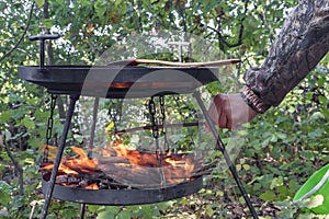 Pork sausages cooked fast on a campfire in nature