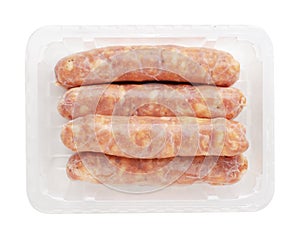 Pork sausages in a plastic packaging tray