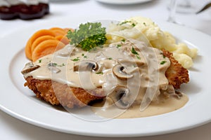 Pork schnitzel mushroom plate. Generate Ai