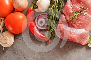 Pork tenderloin with rosemary, mushrooms, tomato,  onion, pepper