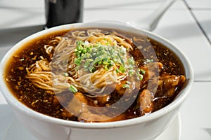 Pork tenderloind egg noodle soup