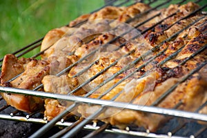 Pork or veal meat located on an iron grate. Cooking takes place at the expense of hot coals in the grill. Photo for use in adverti