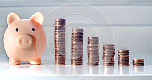 A porky bank with coins on a grey background. photo