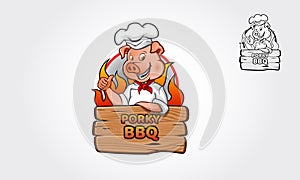 Porky BBQ Logo Cartoon Character.