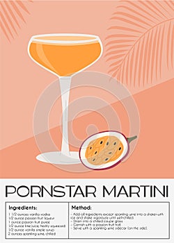 Pornstar Martini Cocktail garnished with passion fruit. Classic alcoholic beverage recipe. Summer aperitif poster