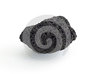 Porous black volcanic rock isolated on white background. Lava stone, pumice stone, or volcanic pumice with distinctive pores,