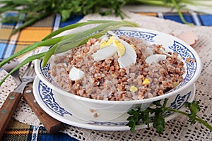 Porridge of buckwheat with boiled eggs