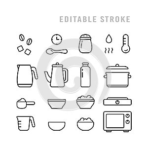 Porridge packaging icons set. Basic pictograms for instant dry food. Brewing cereals, cooking on stove or microwave. Black linear