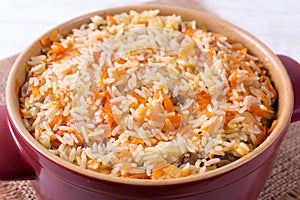 Porridge in a saucepan, close up, horizontal