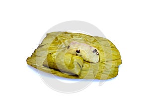 Porridge tie,Thai dessert, Steamed sticky rice on the wrap banana leaf on white