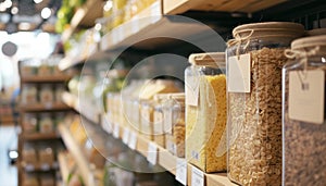 Porridges, cereals, kinds of pasta are stored in glass jars carefully placed on Eco-friendly store shelves. Successful business,
