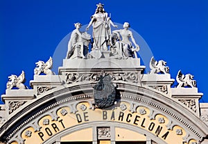 Port Authority Building Statues Barcelona Spain