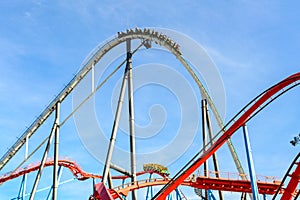 PORT AVENTURA, SPAIN - october, 31,2021. Attractions Shambhala and Dragon Khan in the theme park Port Aventura in city