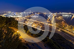 Port of Barcelona. night city view