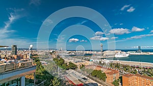 Port in Barcelona skyline timelapse. View to the marina and the ferry harbor with cable car.