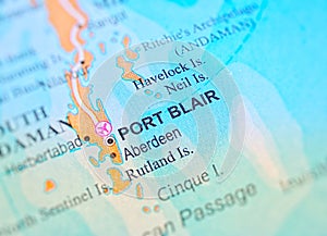 Port Blair on a map of India with blur effect