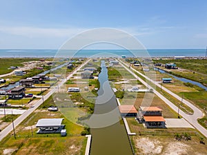 Port Bolivar Texas homes elevated due to frequent storm surges flood zone