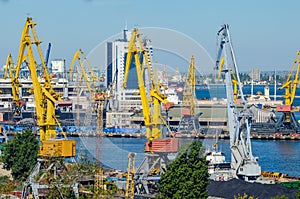 Port cargo crane loads a container onto a cargo ship