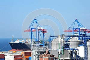 Port cargo crane, ship and container