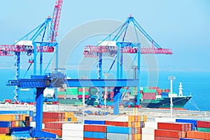 Port cargo crane, ship and container