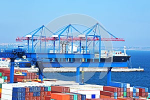 Port cargo crane, ship and container
