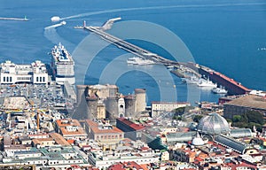 Port, Castel Nuovo and Galleria Umberto I in Naples, Italy