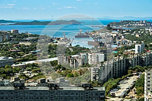 Port city. Golden Horn Bay - view of the city Vladivostok on top