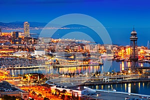 Port and cityspace of Barcelona in evening. Spain