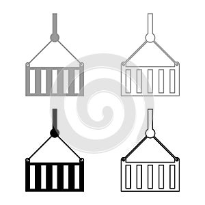Port container on cable pulley freight export import shipping logistic commerce concept set icon grey black color vector