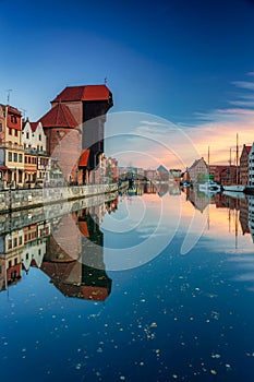 Port Crane of Gdansk over Motlawa river at sunrise, Poland