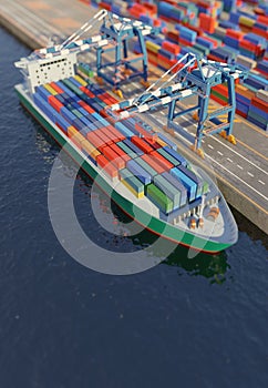 Port cranes loading containers on a cargo ship at the port. Elevated view with tilt-shift effect. Digital 3D render, low poly