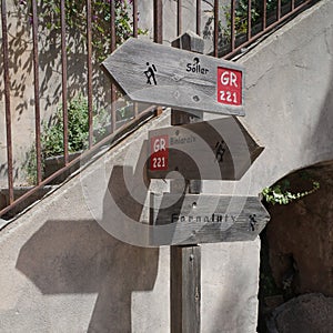 Port de Soller - 12 June, 2023: Signpost on the GR221 hiking trail in the Tramuntana mountains, Mallorca photo