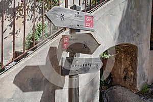 Port de Soller - 12 June, 2023: Signpost on the GR221 hiking trail in the Tramuntana mountains, Mallorca photo