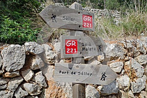 Port de Soller - 12 June, 2023: Signpost on the GR221 hiking trail in the Tramuntana mountains, Mallorca photo