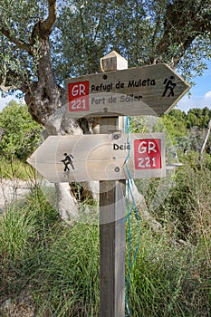 Port de Soller - 12 June, 2023: Signpost on the GR221 hiking trail in the Tramuntana mountains, Mallorca photo