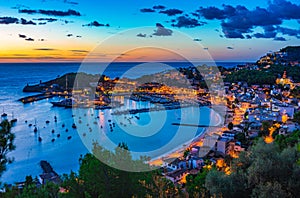 Port de Soller at sunset Majorca island, Spain.